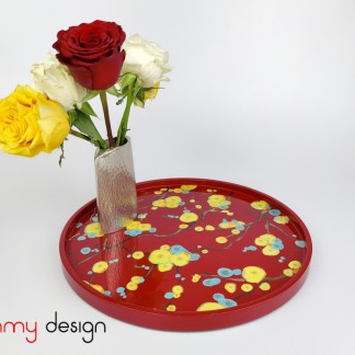 Red round lacquer tray hand-painted with peach blossom 30cm